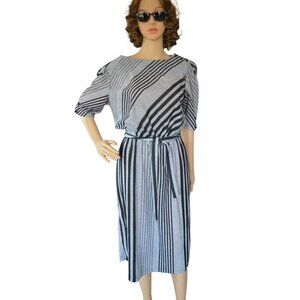 Vintage 1980s Ajax Black Gray Striped Dress Womens Size Small Business Casual
